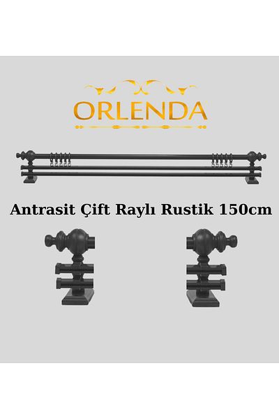 Orlenda Anthracite Wooden Headed Aluminum Pipe Rustic Curtain Hanger Double Rail 150 Cm