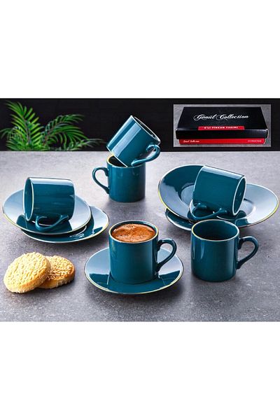 GÖNÜL Porcelain Petrol Green Cup Set 12 Pieces for 6 Persons