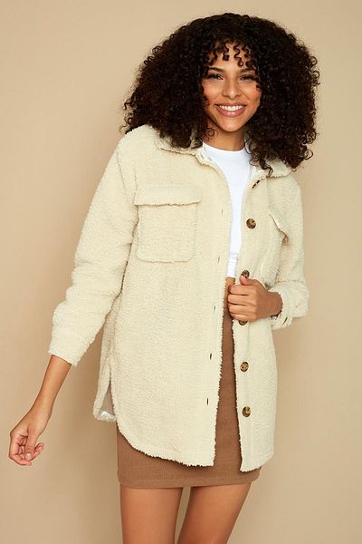 Select Moda Women's Cream Buttoned Plush Jacket Shirt