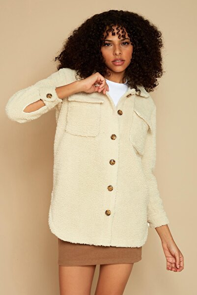 Select Moda Γυναικείο βελούδινο πουκάμισο με κουμπιά κρέμας