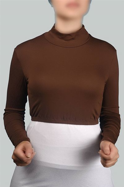 Altobeh Μακρυμάνικο ζιβάγκο με λαιμόκοψη Lycra χτενισμένο βαμβακερό γυναικείο μισό σώμα - σοκολάτα