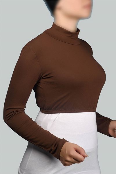 Altobeh Μακρυμάνικο ζιβάγκο με λαιμόκοψη Lycra χτενισμένο βαμβακερό γυναικείο μισό σώμα - σοκολάτα