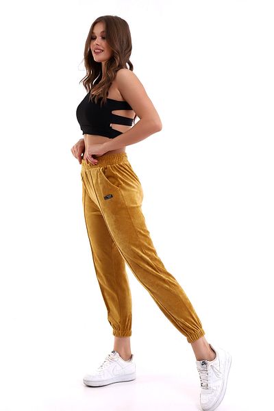 winmoda Pantaloni de sport moale muștar Jogger cu talie înaltă din catifea franceză