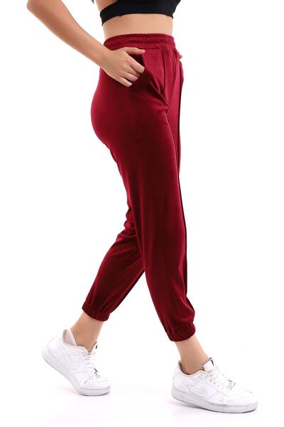 winmoda Pantaloni de sport moale Claret Red Jogger cu talie inalta din catifea frantuzeasca