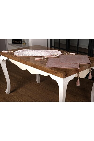 Finezza Belda Kadife Nakışlı Runnerlı Pudra Salon Takımı 5 Parça - 1273