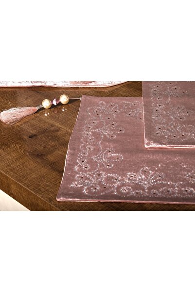 Finezza Belda Kadife Nakışlı Runnerlı Pudra Salon Takımı 5 Parça - 1273