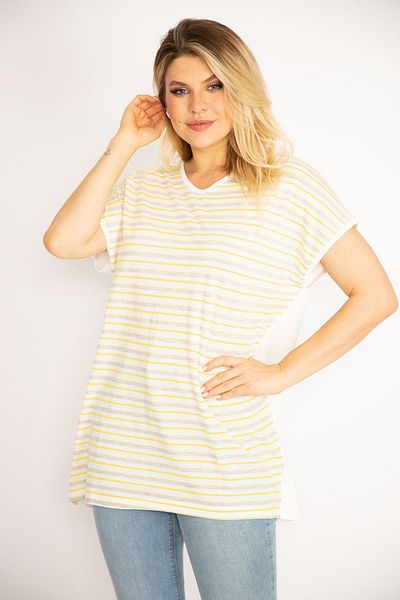 Şans Women's Large Size Bone Front Striped Plain Back Low Sleeve Viscose Blouse 65n34914
