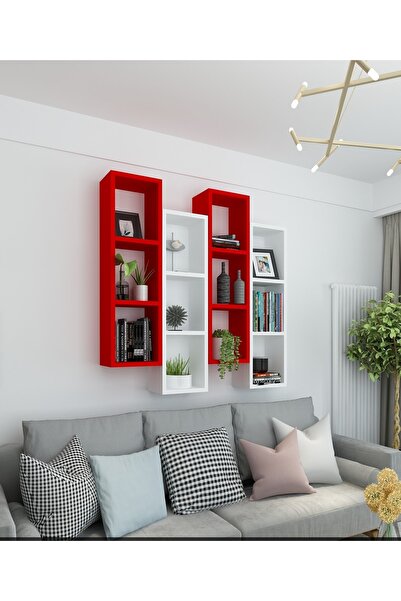 Dekormer Design Kitaplık Modern Ev Duvar Rafı Kırmızı Beyaz 4 Lü Takım