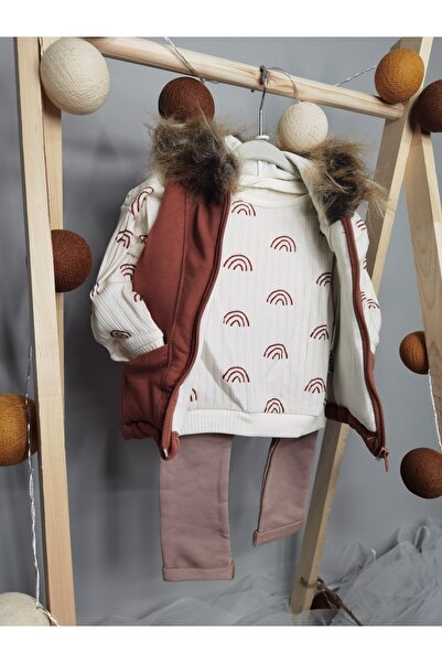 Yerli Çikolata Rengi Tüylü Cepli Şişme Yelekli 3'lü Takım