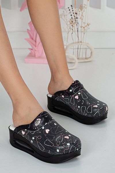 BLUMSABOTERLİK Black Steleskop Patterned Women's Sabo Airmax Orthopedic and Anatomical Structure Comfortable and Comfortable Slippers