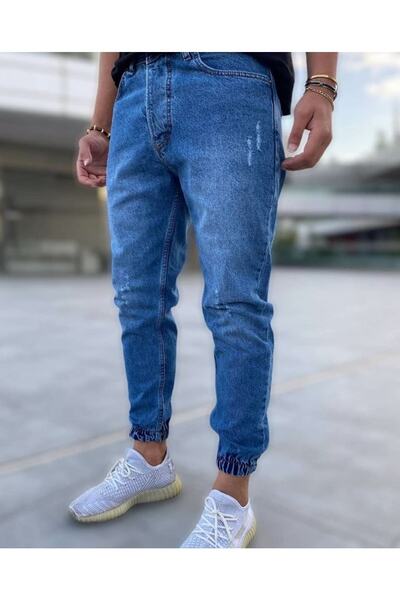 Oliggopol Erkek Koyu Mavi Paçası Lastikli Boyfriend Jogger Kot Pantolon