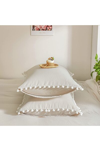 Tinybabyconcept 100% Cotton 2-Piece Pillow Case 50X70 cm Beige with Pompom Edge, Decorative, Breathable