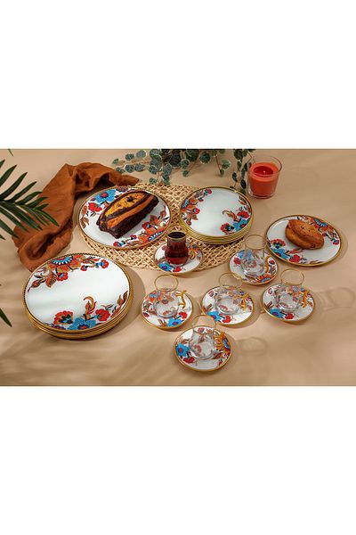 GÜRCÜGLASS White Floral 24 Piece Set with Handle