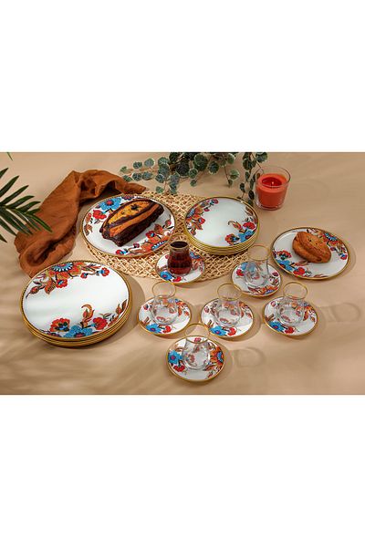 GÜRCÜGLASS نمط زهرة بيضاء 24 قطعة بدون مقبض