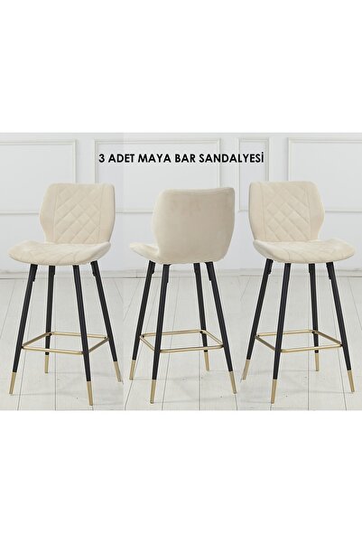 Pİ MOBİLYA 3 Adet Maya Ada Mutfak Ve Bar Sandalyesi - Silinebilir Babyface Kumaş - Metal Siyah Gold Ayak