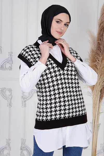 ilmek Women's Black and White Goose Feet Patterned Knitwear Sweater