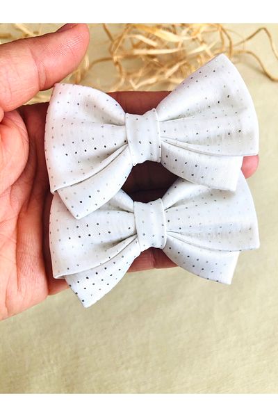 seyranat Set of 2 White Color Shiny Dot Patterned Quality Elastic Bow Girls' Hair Clip Set