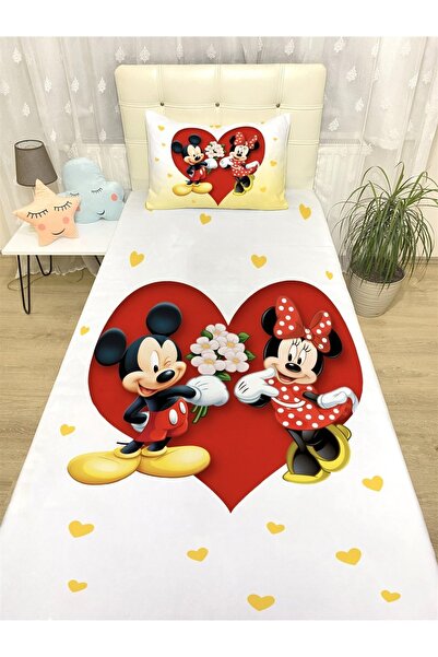 EVPANYA Minnie Ve Mickey Desenli Yatak Örtüsü Ve Yastık Kılıfı