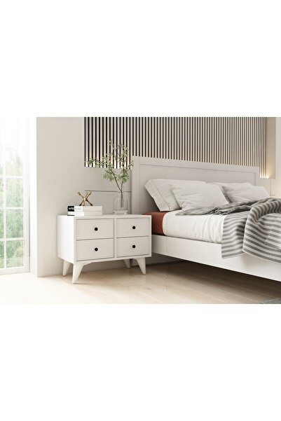 Nettrends 4 Çekmeceli Ayaklı Beyaz Komodin Çıtasız Kmd-1067-ç