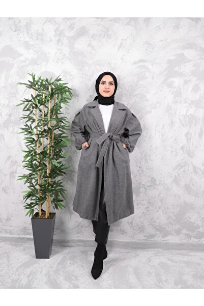 Aranlı tekstil Belted Women's Hijab Coat with Gathered Sleeves