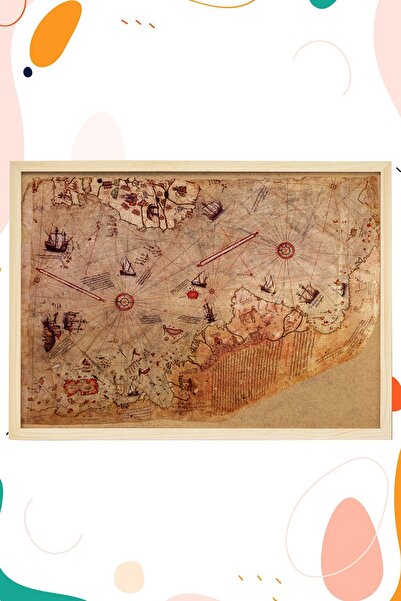 AND Mantar Pano Piri Reis Haritası Baskılı Ahşap Çerçeveli 60x90 Cm Iğneli