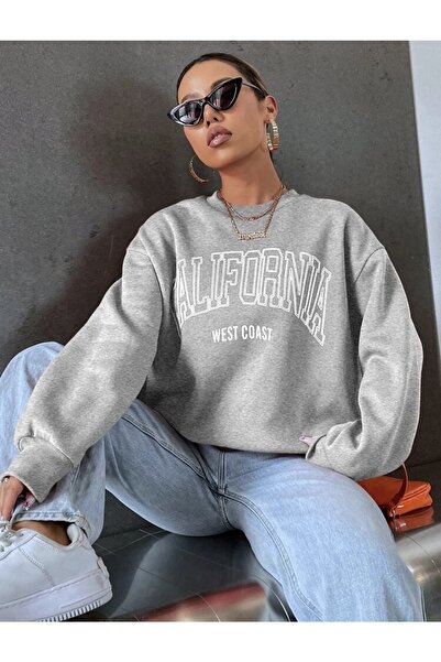 coder سويت شيرت رمادي كبير الحجم مطبوع من كاليفورنيا