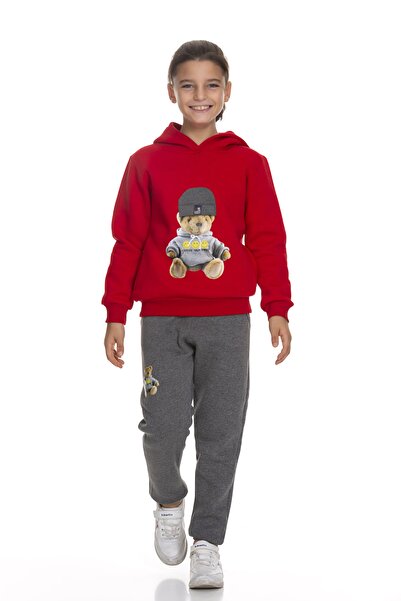 Toçka Boy's Hooded Suit Winter Thick Inside Fleece Soft 3 Thread Transfer Printed Applique Hat