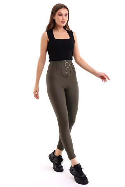 Winmoda34 Halka Fermuar Detaylı Kadın Mat Deri Içi Şardonlu Termal Tayt