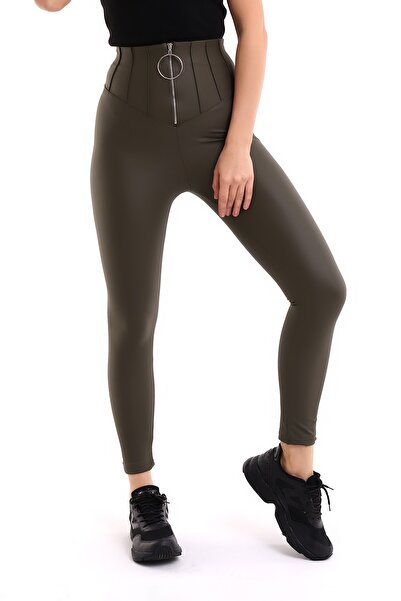 Winmoda34 Halka Fermuar Detaylı Kadın Mat Deri Içi Şardonlu Termal Tayt