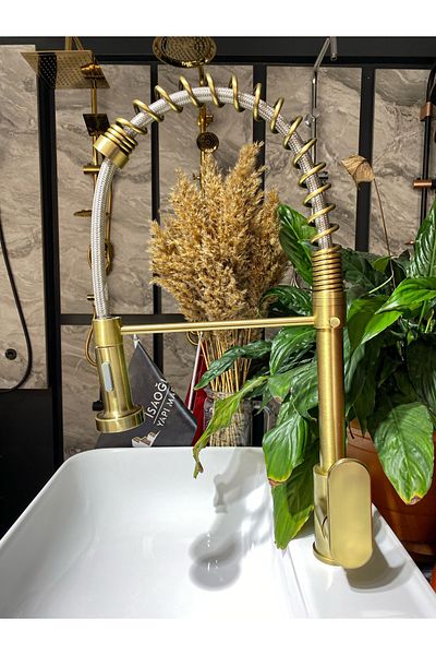 İSAOĞLU YAPI Matte Gold Kitchen Faucet Matte Gold Industrial Sink Faucet with Pressure Adjustment Extending System Golden Sink