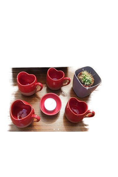 yefe Tamamen El Yapımı Kırmızı Kalp Kahve 4 Kişilik Fincan Takımı - Sukulent ...