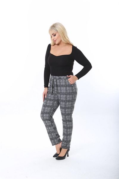 TİGERS Women's Plus Size Camisole Plaid Patterned Pocket Belted Trousers