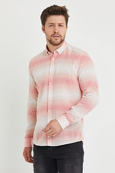 RAVANELLI Linen Red Beige Striped Slim Fit Long Sleeve Shirt