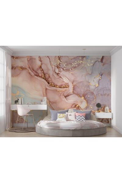 LOTUS AURA Pembe Mermer Görünümlü Duvar Kağıdı, Mavi Gold Mermer Desenli Duvar Resmi