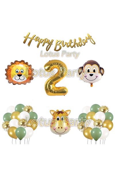 LOTUS PARTY Safari Themed 2 Year Old Birthday Set 30 Balloon 3 Pieces Animal Figure Foil Balloon Happy Birthday Face