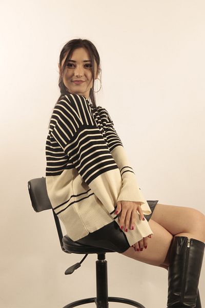 VERA LİFE Pulover oversize cu dungi cu mânecă volantă pentru femei