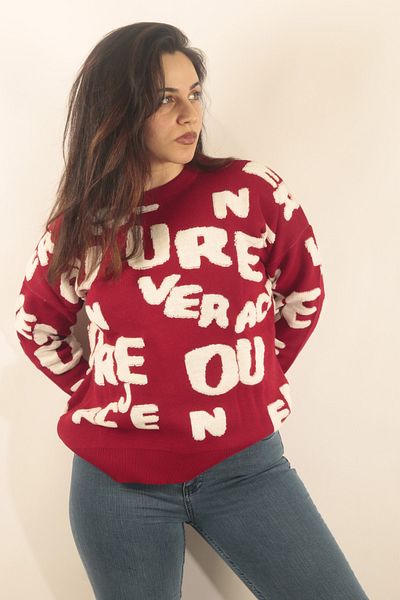 VERA LİFE Pulover de damă, tricotat supradimensionat, cu imprimeu text