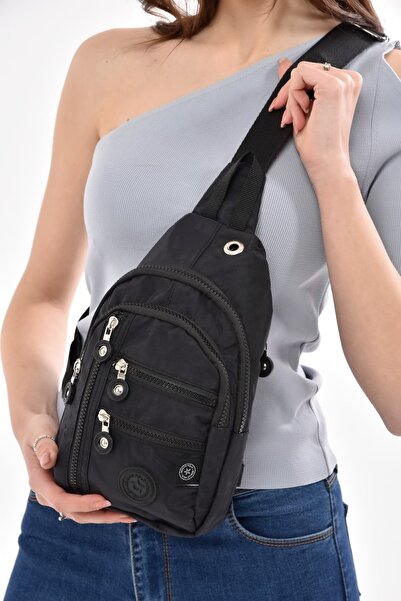 AVCA Geantă neagră unisex pentru piept Geantă de umăr zilnică cu mai multe co...