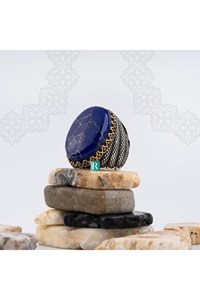 RevSilver 925 Gümüş Lüks Yüzük Oval Akik Taşı Erkek Takı Hediye Lapis Lazuli?...
