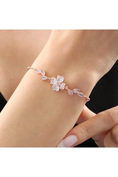 Mavili Gümüş Pırlanta Montür Işıltılı Kalp Yonca Form Gümüş Bileklik