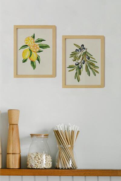 Ayışığı Dizayn Bucătărie Bucătărie Măsline Lămâie Măsline Lămâie Poster cu rame din lemn Set de 2 picturi de perete