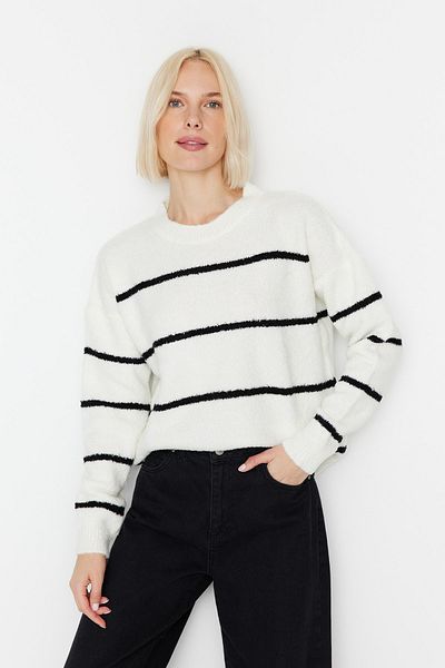 Trendyol Collection Ecru Striped Wide Fit Textured Knitwear Sweater Twoaw23Kz01863