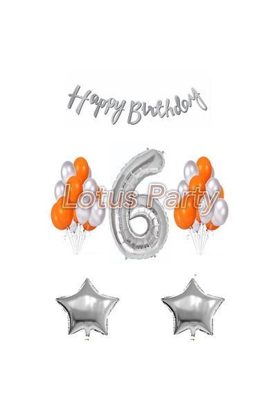 LOTUS PARTY 6 Year Old Birthday Set 1 Number Balloon 20 Pieces Silver - Orange Balloon 2 Star Balloon Happy Birthday Lettering