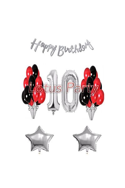 LOTUS PARTY 10 Year Old Birthday Set 1 Number Balloon 20 Pieces Black Red Balloon 2 Star Balloon Happy Birthday Lettering