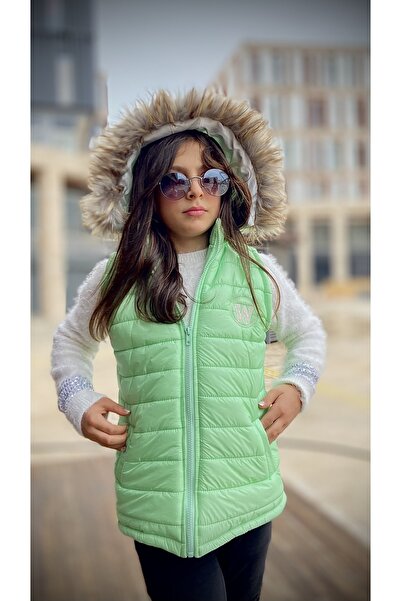 WENA KİDS Girl's Furry Hooded Puffer Vest