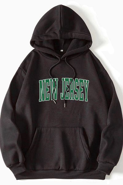 MODAGEN Unisex Oversize Μαύρο φούτερ με κουκούλα με στάμπα New Jersey