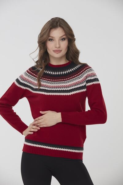 Desen Triko Women's Crew Neck Embroidered Patterned Wool Sweater 0242086 Red