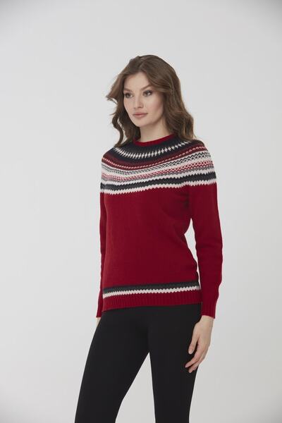 Desen Triko Women's Crew Neck Embroidered Patterned Wool Sweater 0242086 Red