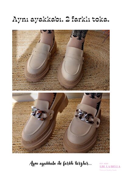 Labella Kadın 2 Farklı Tokalı Cilt Rugan Loafer Ayakkabı Bej Okula Dönüş