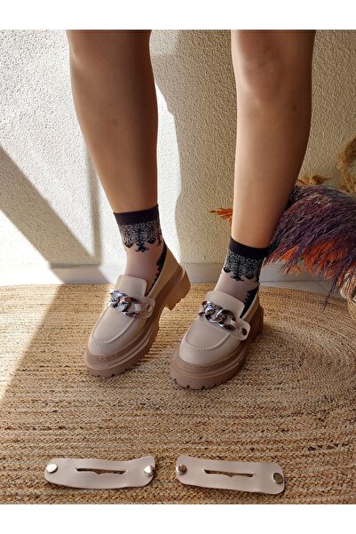 Labella Kadın 2 Farklı Tokalı Cilt Rugan Loafer Ayakkabı Bej Okula Dönüş